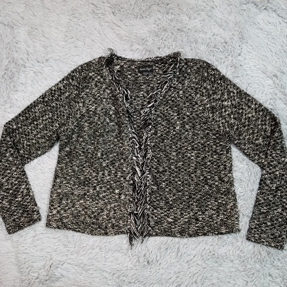 Charlie Paige Sweater Womens Cardigan Black L Open Front Fringe Metallic Evening